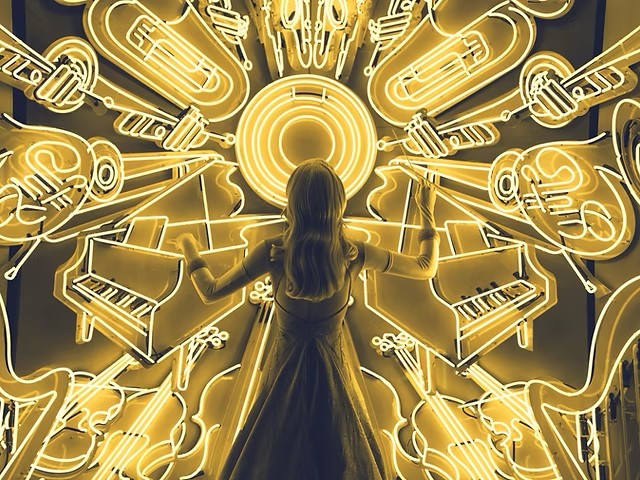 Music & New Talent: a conductor in front of a neon orchestra